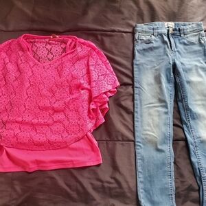 girl 10 skinny jeans, pink layered top, cami with lace overlay
